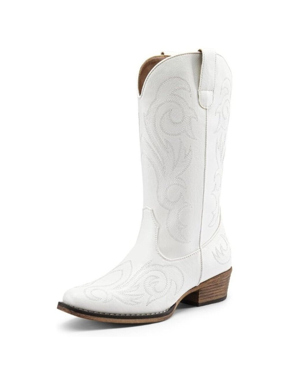 Dream Pairs Women's White Mid Calf Cowgirl Boots Square Toe Chunky Heel Shoes